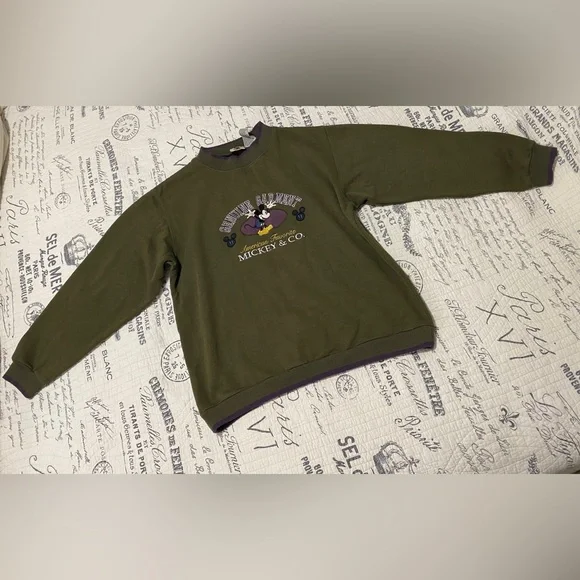 Mickey Mouse & Co “Genuine Garment” Sweatshirt Olive Green/Purple Large Preowned - Picture 6 of 7